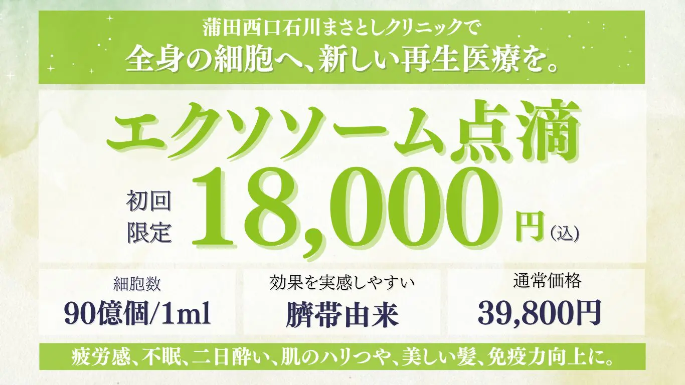 エクソソーム点滴 | 蒲田西口石川まさとしクリニック 大田区蒲田 内科 発熱外来 平日夜間土日祝診療 生活習慣病にも対応可能